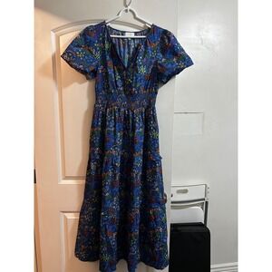Sugarlips Blue Floral Cotton Smocked Waist Tiered Midi Dress Pockets M STD13555P